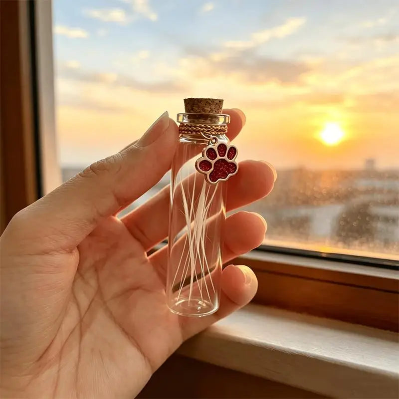 Pet Fur Keepsake Clear Glass Bottle Sealed Cork Stopper Glitter Paw Pendant for Dog Cat Loss Memorial Gift