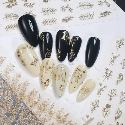 12Pcs 3D Gold Exquisite Flower Leaf Nail Art Stickers Metallic Floral Leaves Self-Adhesive Nail Decals DIY Retro Manicure Decor