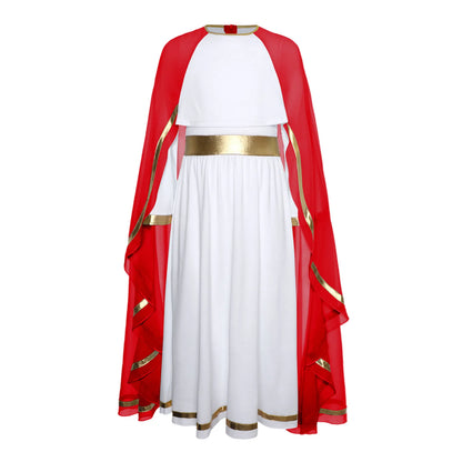 Halloween Virgin Mary Costume for Kids Girls Fancy Greek Princess Cosplay Long Sleeve Ruffle Dress with Chiffon Cape Theme Party