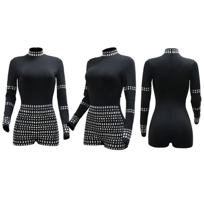 Leosoxs Women Diamonds Hot Rhinestones Long Sleeve Short Jumpsuits 2024 Summer Sexy Party Club One Piece Suit Rompers Playsuits