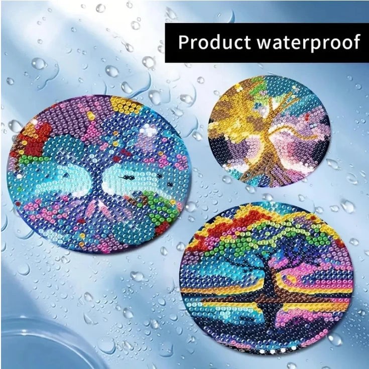 8pcs/Set DIY Diamond Painting Coasters with Holder Anti Slip Wood Drip Mats Crystal Rhinestones Diamond Art Coasters for Adults