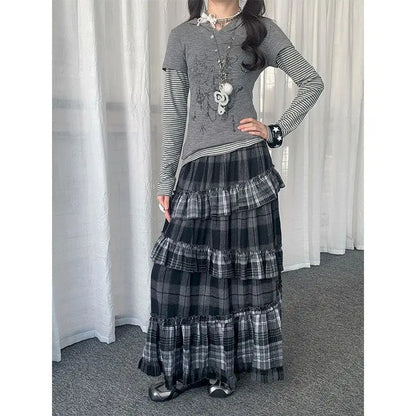 Y2k Vintage Long Skirts Plaid Ruffles Patchwork Harajuku Casual Loose Cake Skite Punk Gothic Streetwear All Match Women Clothing
