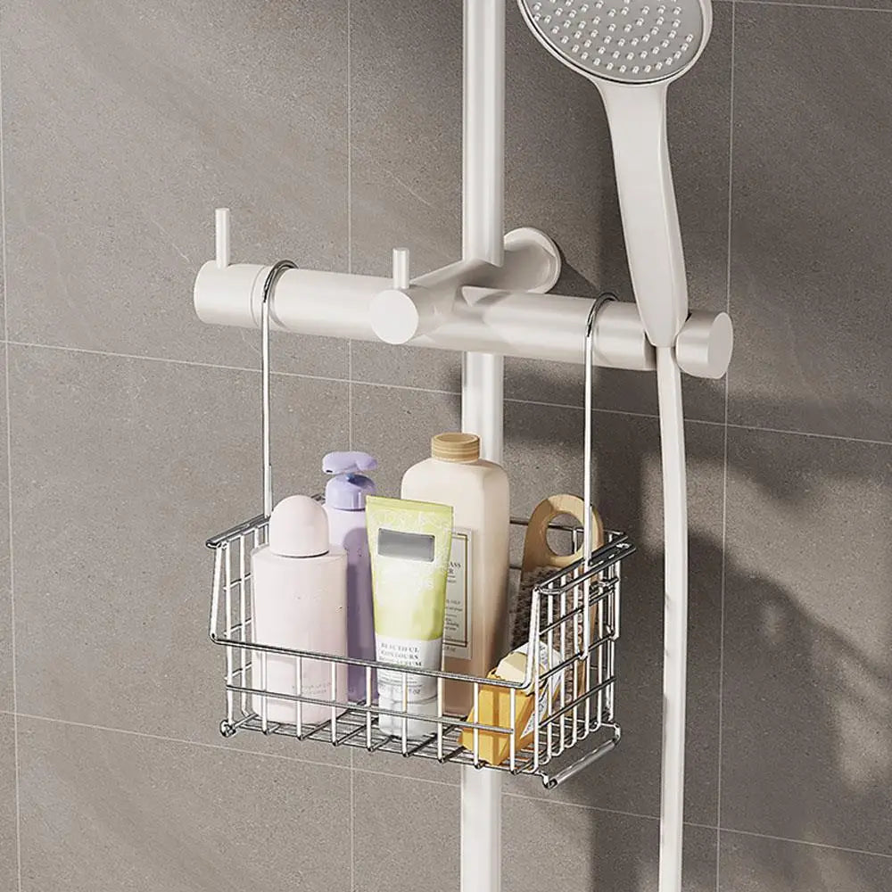Stainless Steel Bathroom Shelf No-Drill Shower Holder Hanging Organizer Tall-Rail Shower Storage Rack Shower Basket With Hooks