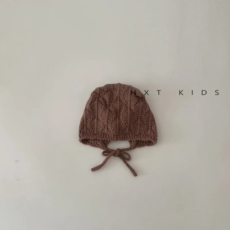 Fashion Retro Hollow Children Knitted Hats Handmade Crochet Flower Girls Parent-child Outdoor Cotton Hat 2024 Autumn Winter Caps