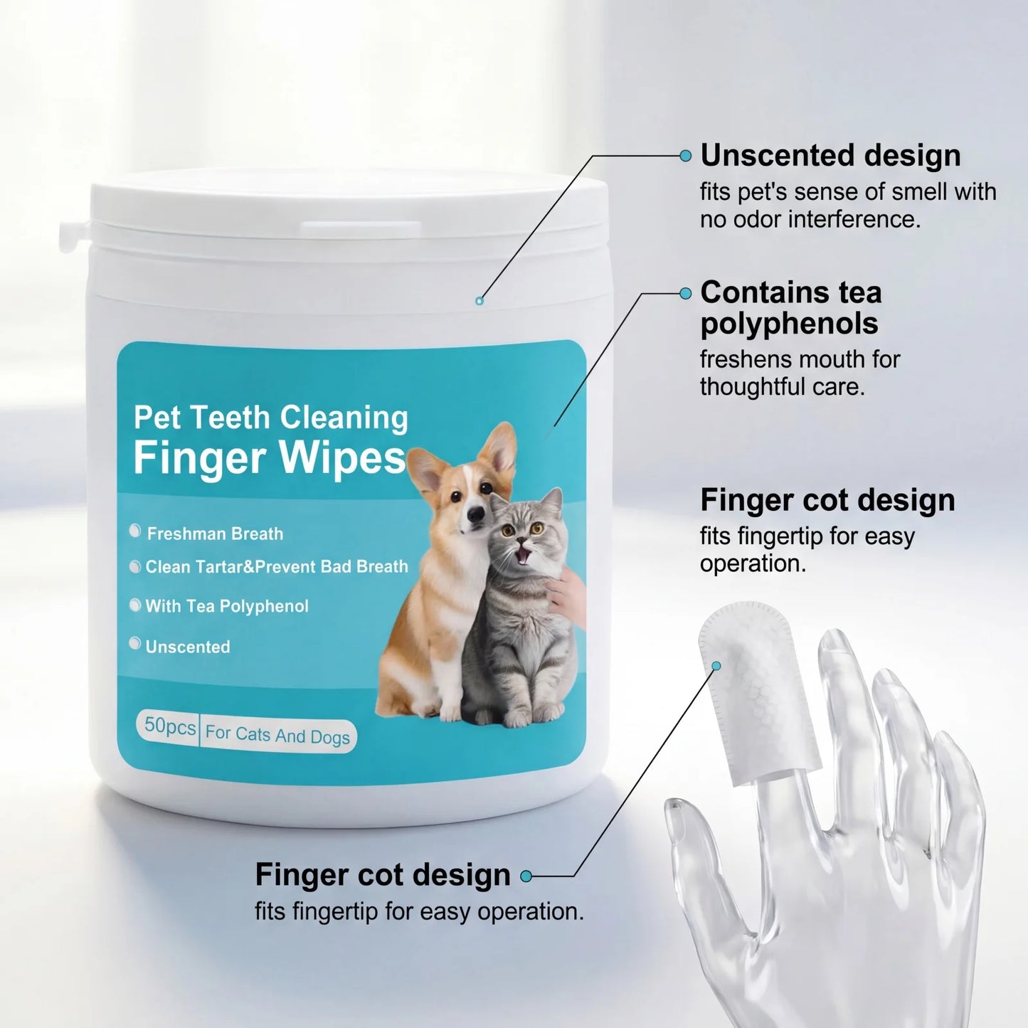 Pet Dental Finger Wipes for Dogs Cats Remove Plaque Tartar Stains Whitening Fresh Breath Disposable Toothbrushing Wipes 50PCS