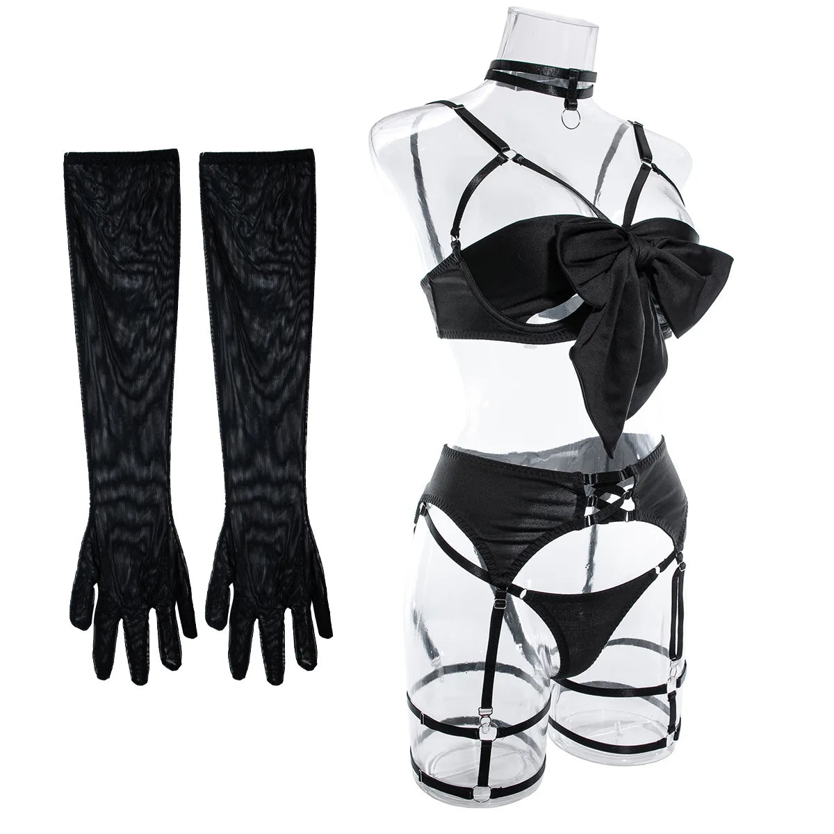 sexy lingerie set Bow bra Black Temptation Bra Set Belt Hollowed Out Gathering Four Piece underwear women Set Erotic Sleepwear