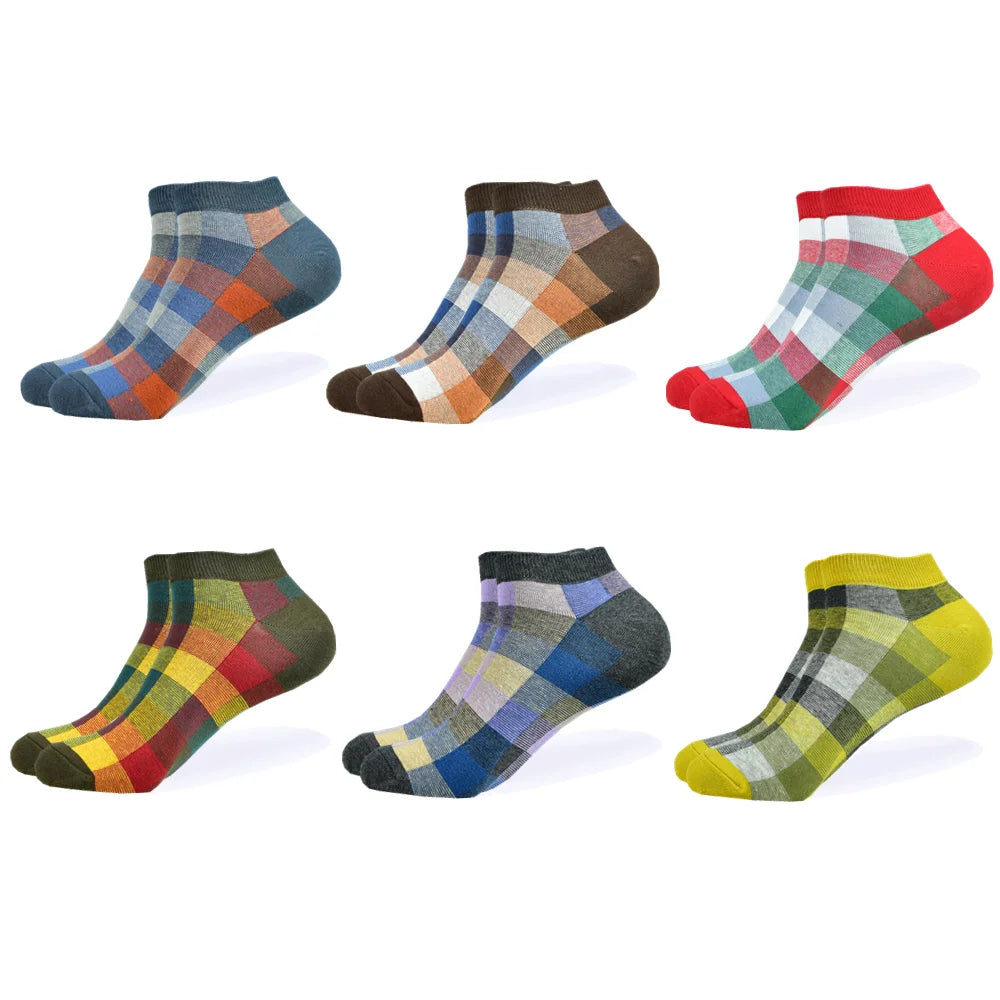 6 Pairs Men Novelty Fashion Colorful Casual Ankle Short Socks Harajuku Grid Space Cotton Happy Funny  Men Women Socks