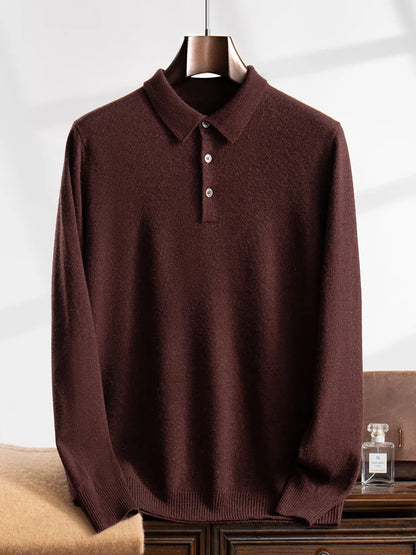 ANGEL 2024 Men's New POLO Shirt 100% Cashmere Knitted Pullover Solid Color Sweater Fall Winter Casual Business Office Jacket