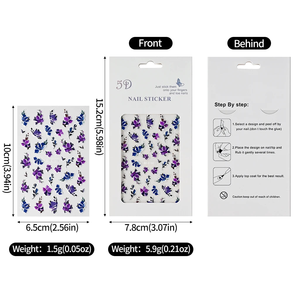 5D Pink Blue Floral Nail Art Stickers Petals Leaf Plant Embossed Nail Decals Spring Summer Flower Design for DIY Nail Supplies