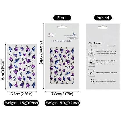 5D Pink Blue Floral Nail Art Stickers Petals Leaf Plant Embossed Nail Decals Spring Summer Flower Design for DIY Nail Supplies