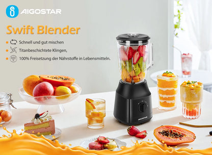 Aigostar Blender and Smoothie Maker, 1.5 Liter Glass Jar, Titanium-Coated Blades, Ice Crush Function, 2 Speeds + Pulse