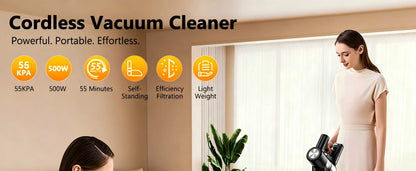 Cordless Vacuum Cleaner, 55Kpa/55min Self-Standing Powerful Stick Lightweight Vacuum Cleaner for Home Pet Hair/Hard Floor/Carpet