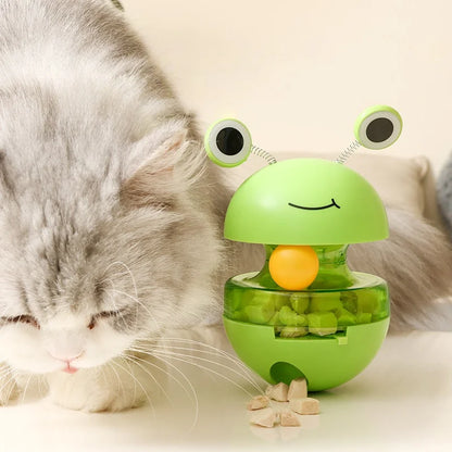 Frog Wobbler Cat Toy with Feather Teaser Spin Tipping Motion Treat Dispenser Self Feeder for Indoor Solo Play