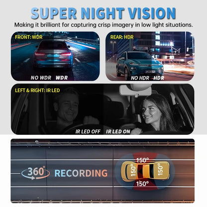 XUOIB I9pro-WB 4CH 360° Dash Cam 4'' Touch Screen 4K/2K Front for Car DVR Camera 24H Parking Mode GPS WiFi Recorder Night Vision