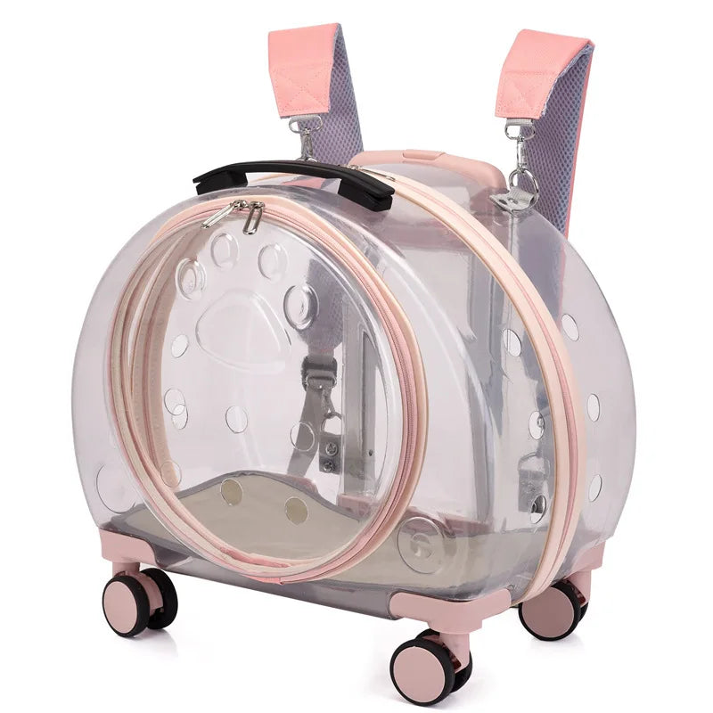 2-in-1 Fashion Portable Transparent Space Capsule Pet Carrier Backpack Rolling Travel Trolley Box Detachable Telescopic Handle