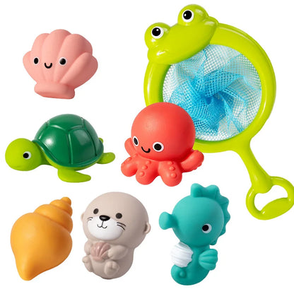 Frog Net Fishing Bath Toy Baby Floating Turtle Animal Squeeze Squeaky Pool Summer Splashing Water Toy Gift