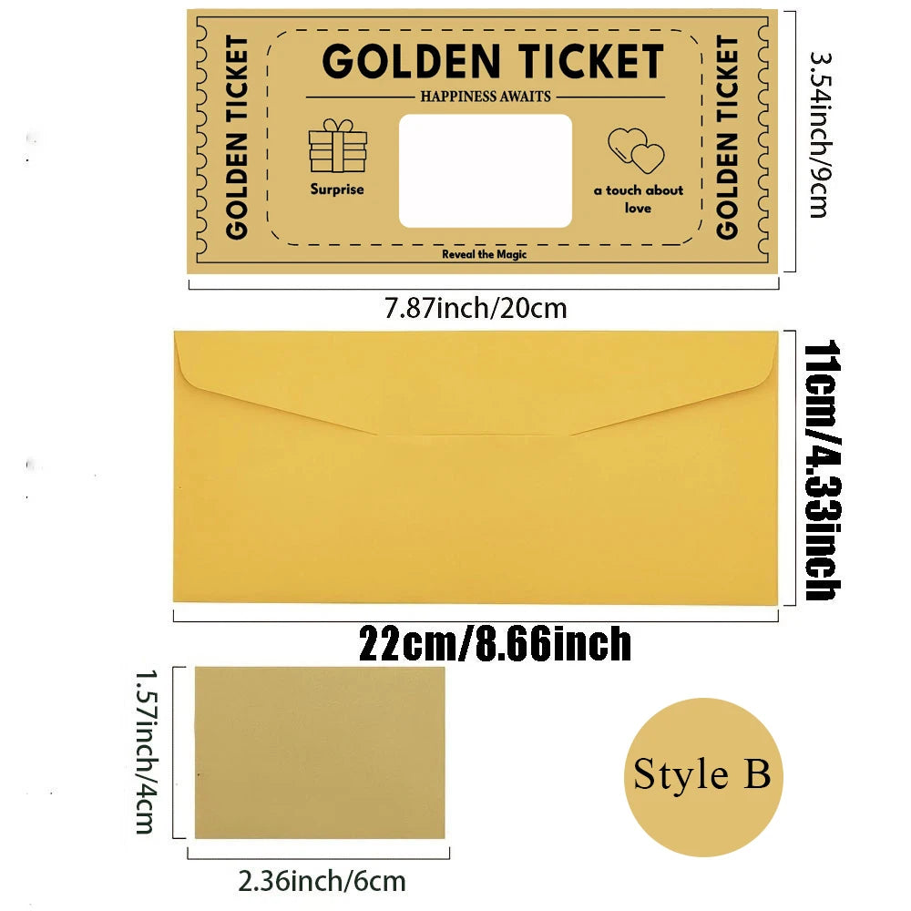 3pcs/set Golden Ticket Scratch Card Scratch-off Travel Ticket Set with Envelopes Surprise Reveal Ticket Gift for Valentine's Day