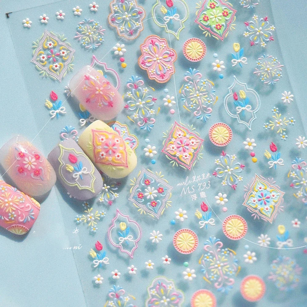 Bohemian Pattern Colorful Love Heart Moon Pearl Crystal Rhinestone 5D Nail Art Sticker Self Adhesive Decoration Manicure Decal