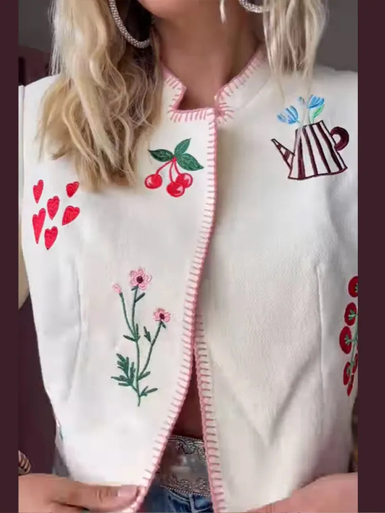 Embroidered Print Cropped Woolen Jacket Women Casual O Neck Full Sleeve Outwear 2025 Autumn Lady Daily Commuting Street Jackets