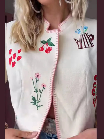 Embroidered Print Cropped Woolen Jacket Women Casual O Neck Full Sleeve Outwear 2025 Autumn Lady Daily Commuting Street Jackets