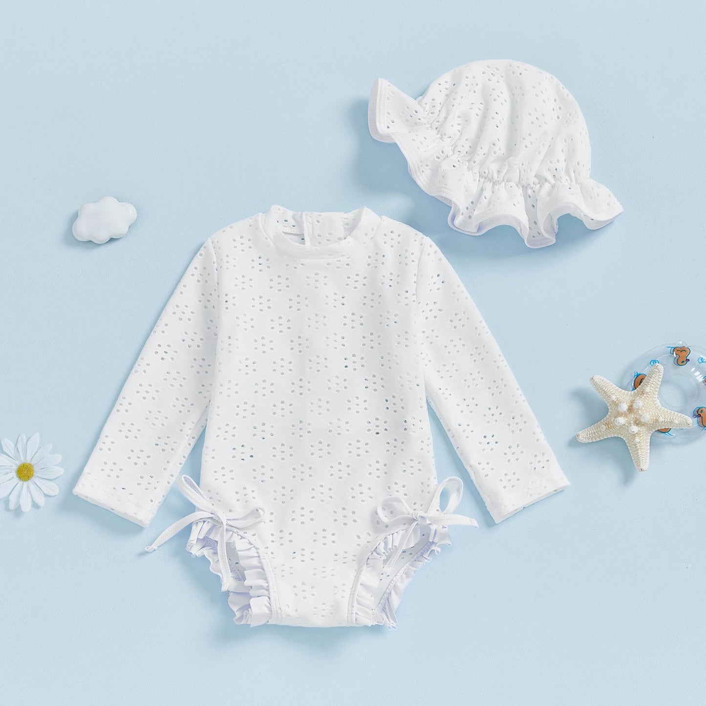 Infant Baby Girl Eyelet Swimsuit with Swimming Hat Toddler 2 Pcs Set Long Sleeve Round Neck Ruffled Romper Kids Bathing Suit