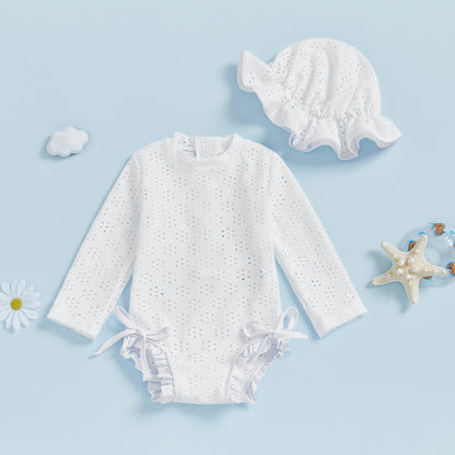 Infant Baby Girl Eyelet Swimsuit with Swimming Hat Toddler 2 Pcs Set Long Sleeve Round Neck Ruffled Romper Kids Bathing Suit
