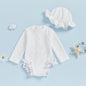 Infant Baby Girl Eyelet Swimsuit with Swimming Hat Toddler 2 Pcs Set Long Sleeve Round Neck Ruffled Romper Kids Bathing Suit