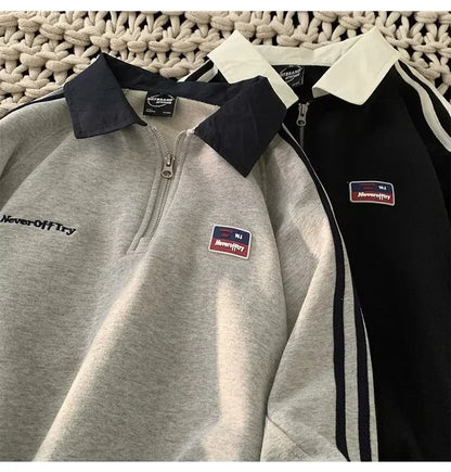 American Style Autumn Winter Oversize Sweatshirts Men Lapel Letter Zipper Printing Label Fashion Trend Long Sleeve Loose Hoodies