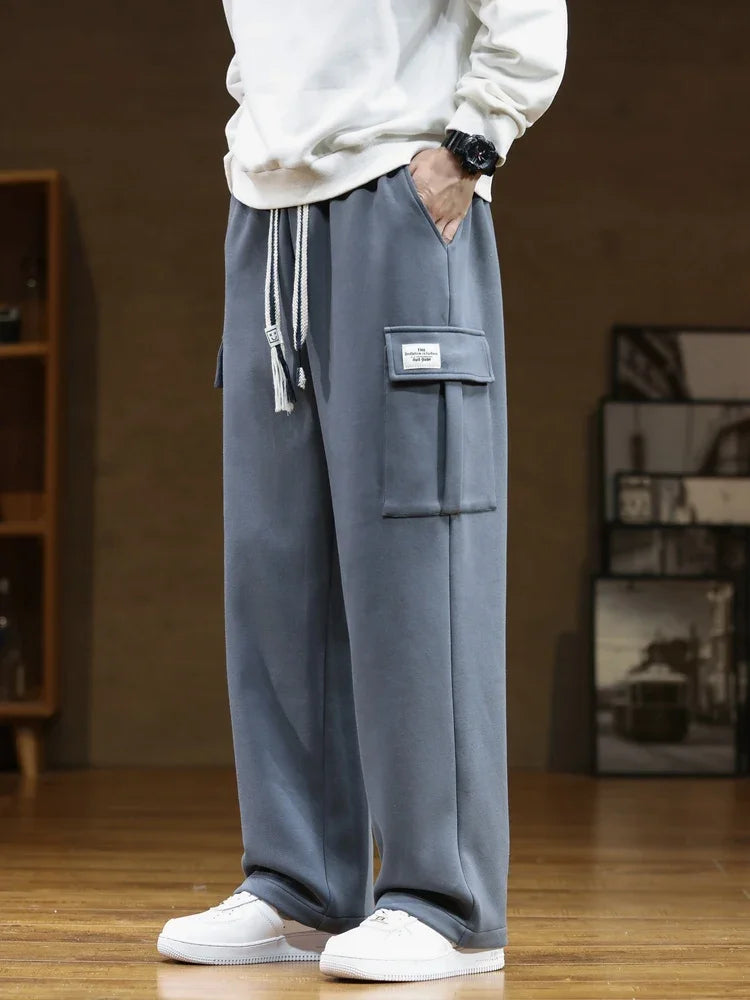 2024 New Sweatpants Men Multi-Pockets Drawstring Cotton Casual Wide Pants Male Loose Straight Trousers Large Size 8XL