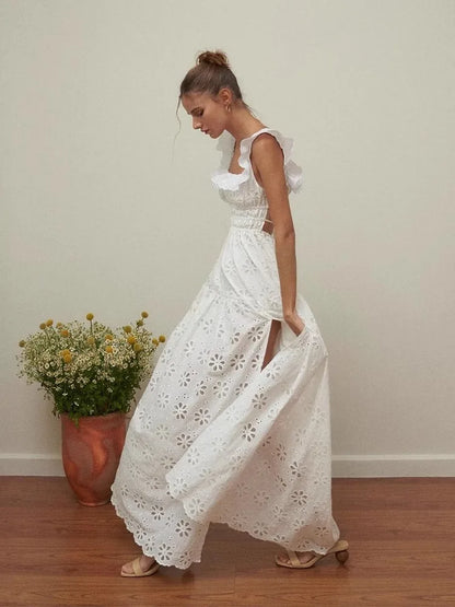 White Embroidered Hollow Out Dress For Women'S Summer Strapless Square Neck With A Unique Open Back Design, Slim Fit Long Skirt
