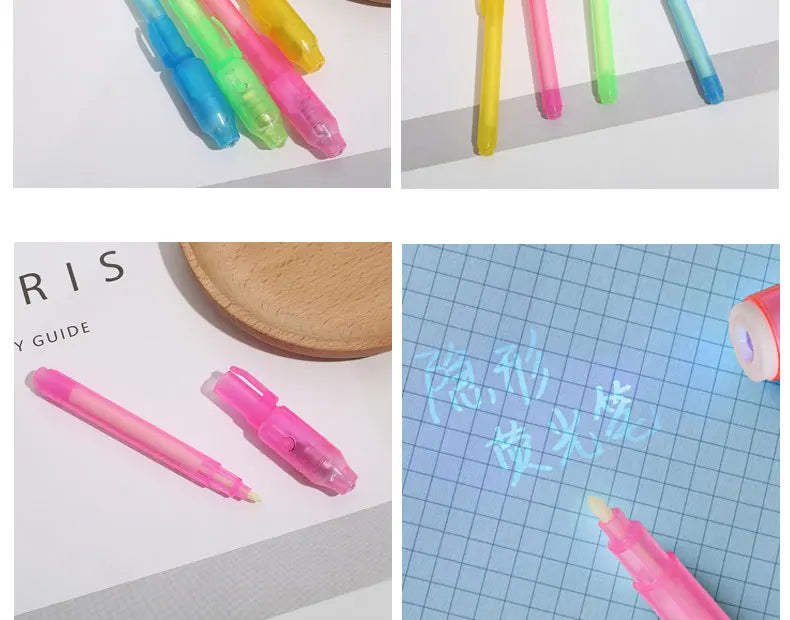 5Pcs 2 in 1 Luminous Light Invisible Ink Pen with UV Light Check Money Light Toy Kids Drawing Secret Magic Pens Fluorescent Pen