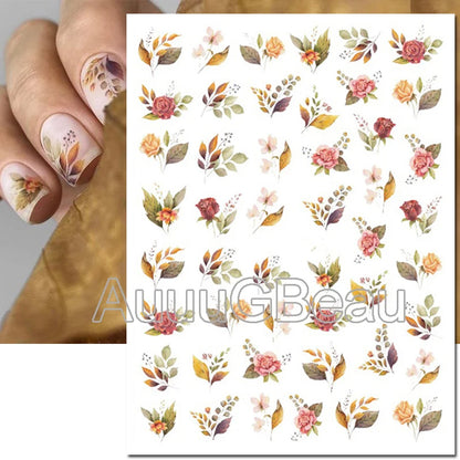 3d Nails Art Decals Spring Fruits Pink Full Tips Peony Magnolia Flowers Adhesive Sliders Stickers Decoration For Nails Manicure