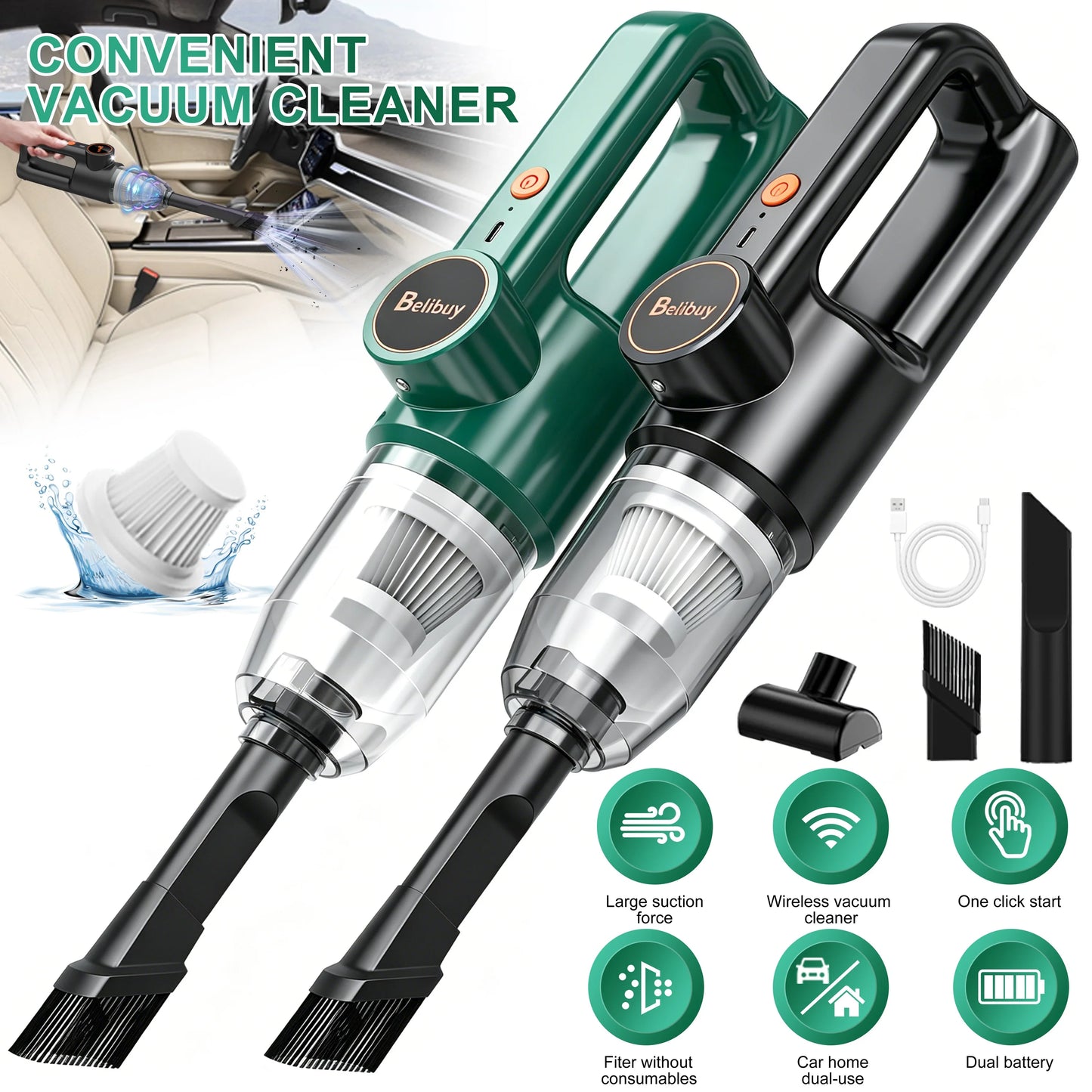 Cordless Portable Handheld Vacuum Cleaner, Mini Wireless Car Vacuum Cleaner with Ergonomic Handheld Design, High Power Strong Suction Rechargeable Handheld Vacuum for Car Household Dust Debris Pet Hair Removal One-Key LED Lig