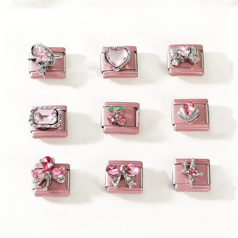 2025 New Women Romantic Pink Cherry Heart Shiny CZ Italian Charm Links Fit 9mm Bracelet Stainless Steel DIY Making Jewelry Gifts