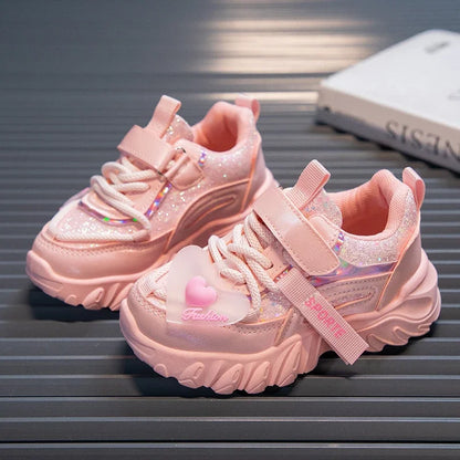 Girls Sports Shoes Kids Running Sneakers for School Fashion Cute Shiny Non-slip Children's Casual Shoes with Heart Spring Autumn