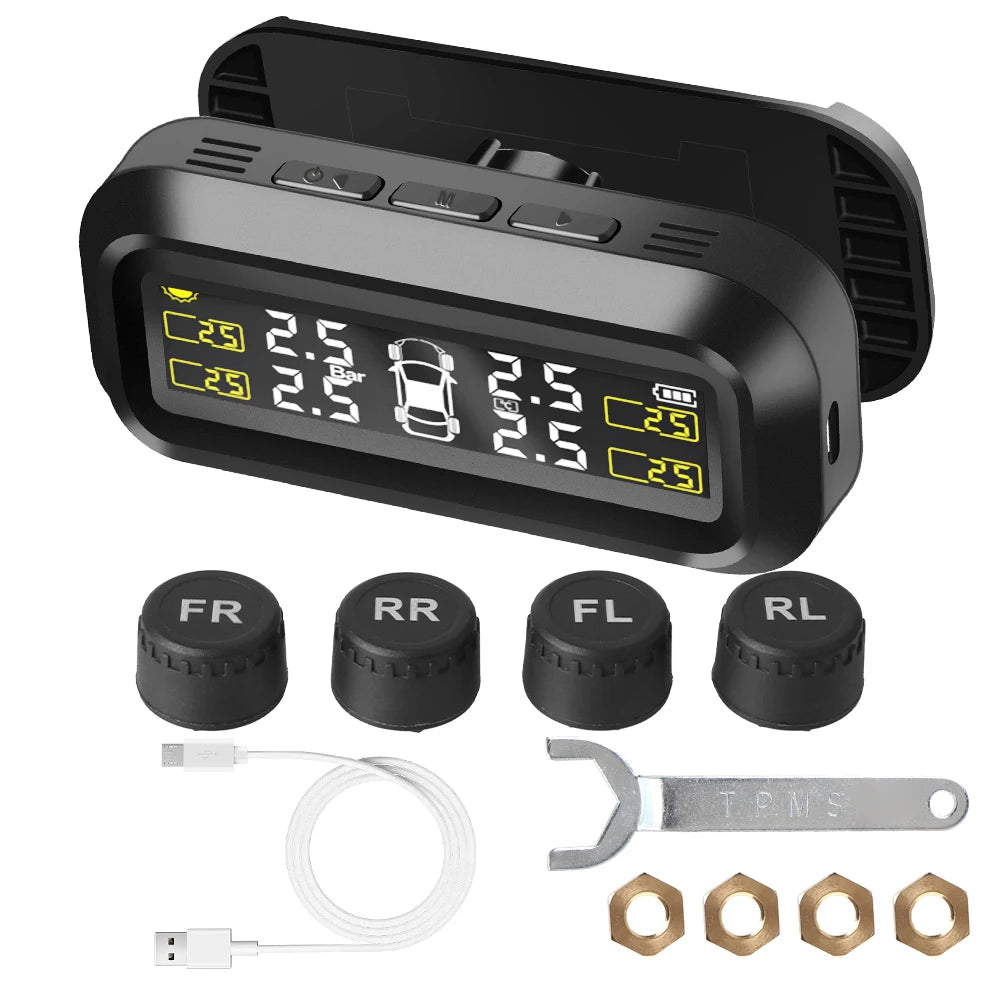 Solar Power External Sensor 2025 Auto Security Alarm Tyre Pressure Car TPMS Tyre Pressure Monitoring System Digital LCD Display