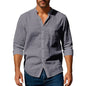 Cotton Linen Shirt for Men Henley Neck Solid Color Lightweight Breathable Slim Fit Single Breasted Shirt Long Sleeve Button Up
