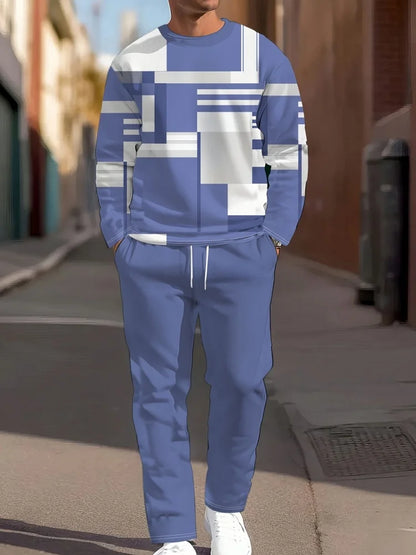 Autumn Casual Men's Long-Sleeve Set Trendy Gradient Print Outdoor Crew Neck Long-Sleeve Top & Casual Pants Two-Piece Set