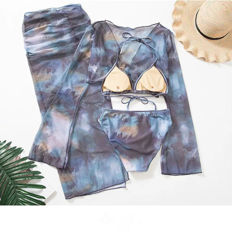 sexy Korean fashion tie dye print swimsuit 4pcs autumn long flare sleeve cover top with long split skirt bikinis padded swimwear