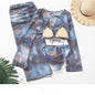 sexy Korean fashion tie dye print swimsuit 4pcs autumn long flare sleeve cover top with long split skirt bikinis padded swimwear