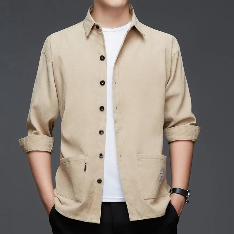 New Men Casual and Fashionable Long Sleeved Workwear Shirt Solid Color Comfortable and Breathable Versatile Top for All Seasons