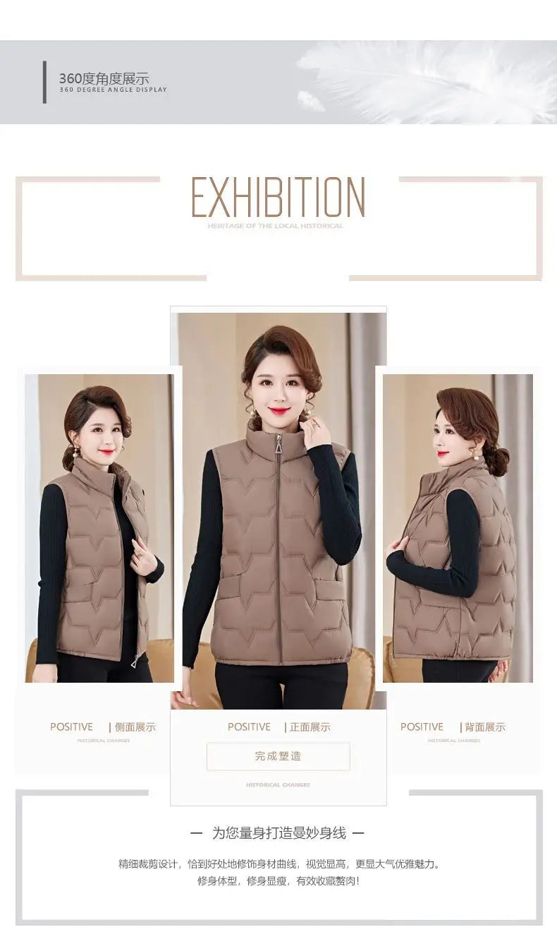 Fashion Women Down Cotton Jackets Vests Solid Stand Collar Zipper Cardigan Thicken Autumn Winter Warm Casual Sleeveless Coats