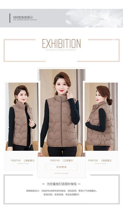 Fashion Women Down Cotton Jackets Vests Solid Stand Collar Zipper Cardigan Thicken Autumn Winter Warm Casual Sleeveless Coats