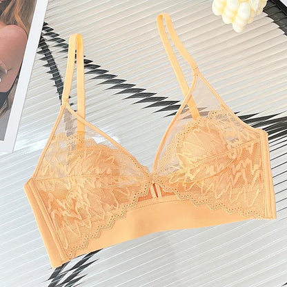 Sexy Lace Crop Top Deep V Backless Camisole Hollow Mesh Bra Female Solid Color Seamless Underwear Removable Chest Pad Tank Top