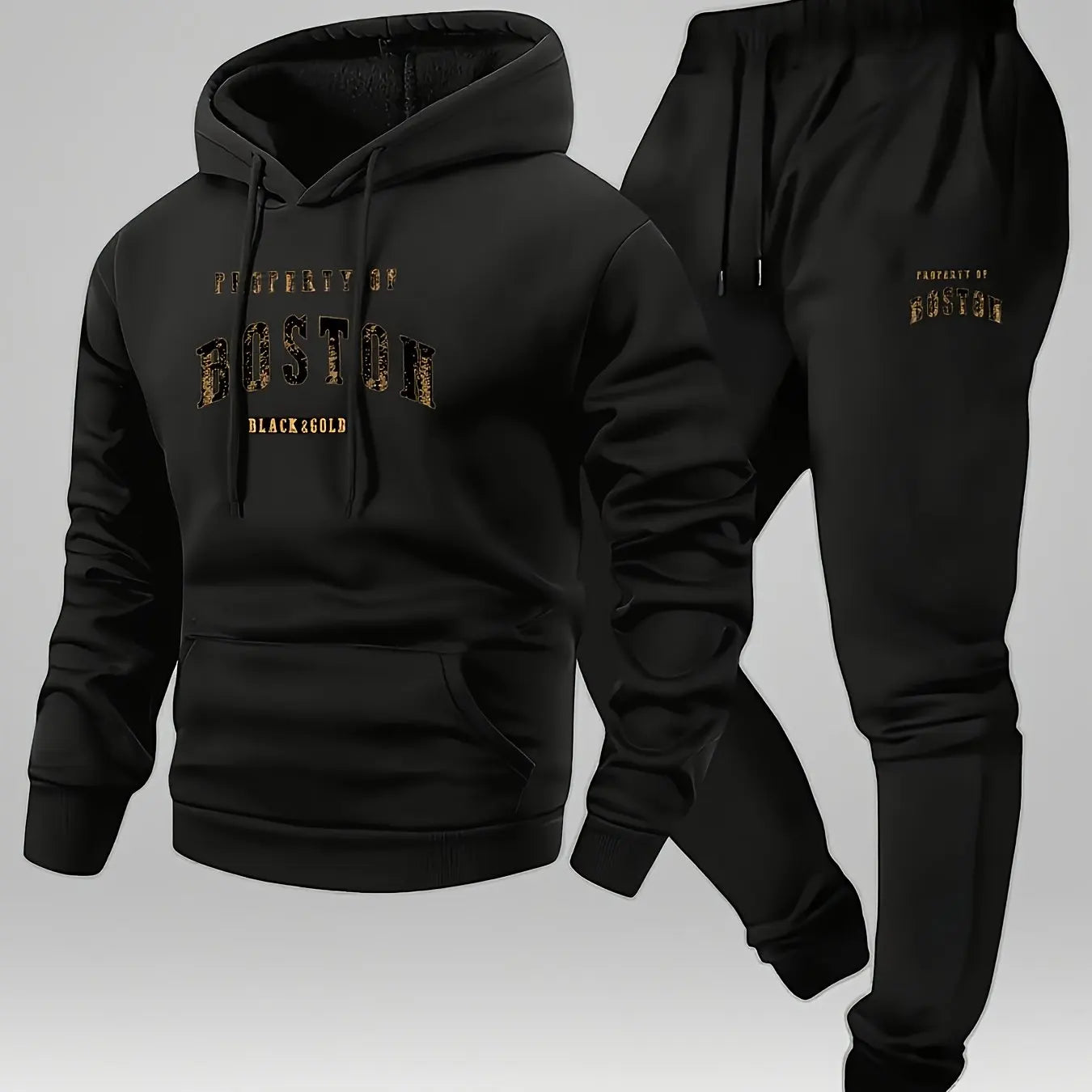 Men's Boston print hooded sweatshirt and sweatpants soft and comfortable thin velvet warm sweatpants set autumn and winter
