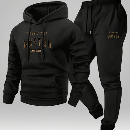 Men's Boston print hooded sweatshirt and sweatpants soft and comfortable thin velvet warm sweatpants set autumn and winter