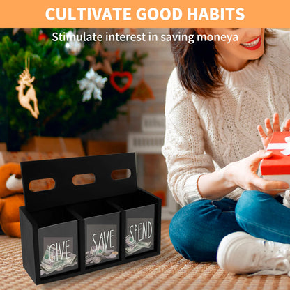 3 Grids Wall-mounted Save Spend Bank Visualized Money Saving Box Wooden Piggy Bank Give Save Spend Money Boxes for Kids Adults