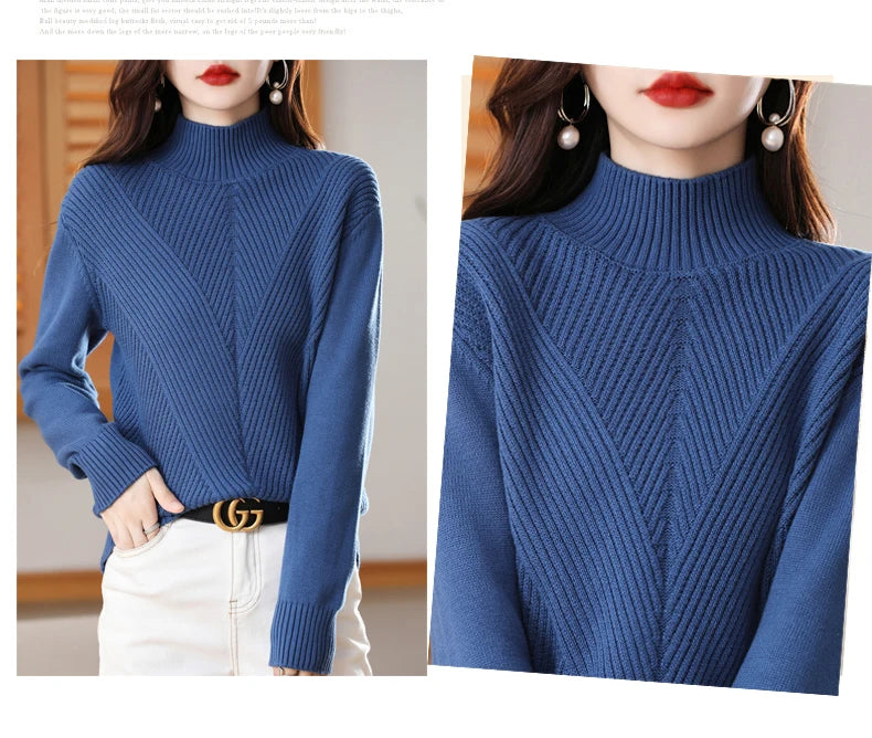 Women 100% Cotton Knit Sweater Half-high Collar Stripe Pullover Autumn Winter Thickened Bottoming Clothing Casual Knitted Tops