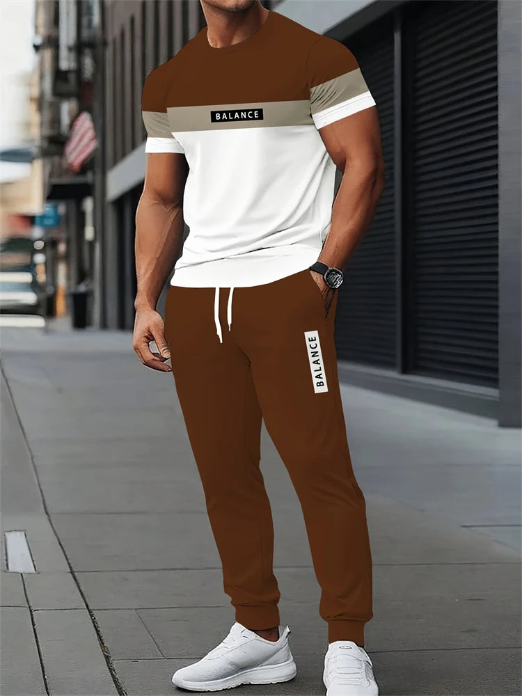 New Men's Letter Print Two-piece Set Outdoor Casual Round Neck Short Sleeve Drawstring Long Pants Plus Size Loose Fit Outfit