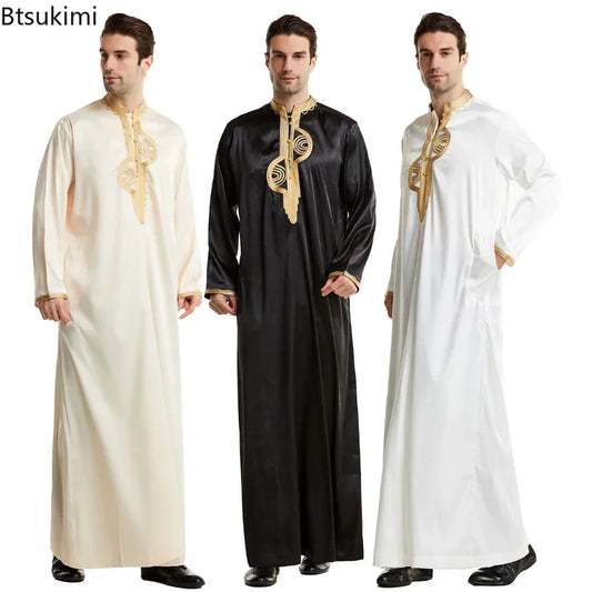Muslim Men Clothing Kaftan Robes Long Sleeves Stand Collar Eid Thobe Kurta Arab Turkish Dress Dubai Islam Habit Ethnic Leisure